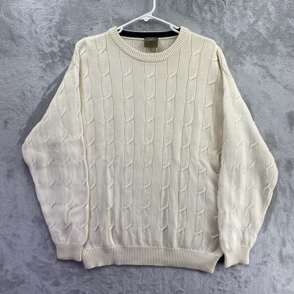Haggar Mens Cable Knit Crewneck Sweater Size Medium Ivory Pullover 100% Cotton